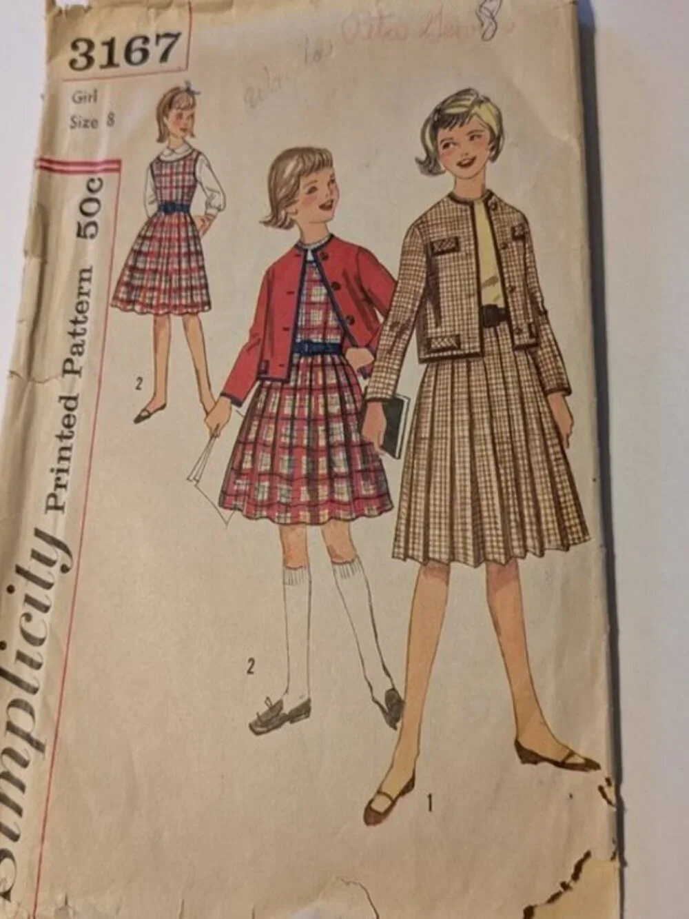 simplicity 7487 sewing pattern girls skirt, jacket, jumper